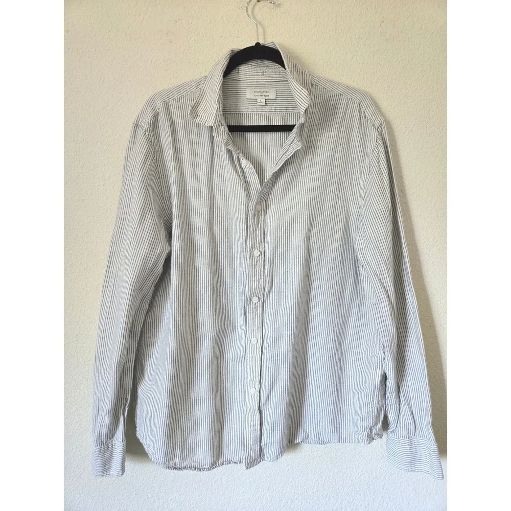 Banana Republic Mens L Slim Linen Blend Striped‎ Long Sleeve Shirt Gray White